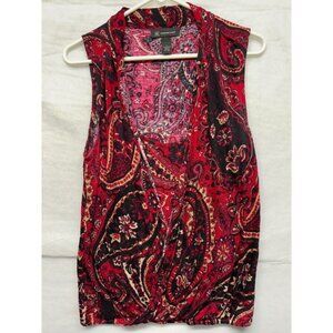 INC International Concepts Red Paisley Sleeveless Drape Neck Twist Hem Top Large